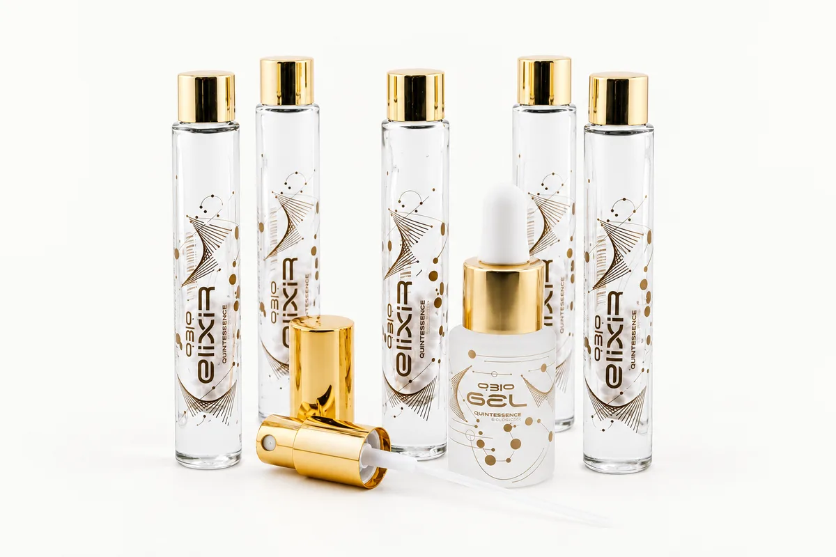 Five QBio Elixir vials with gold caps, a QBio Gel bottle and the supplied mister.