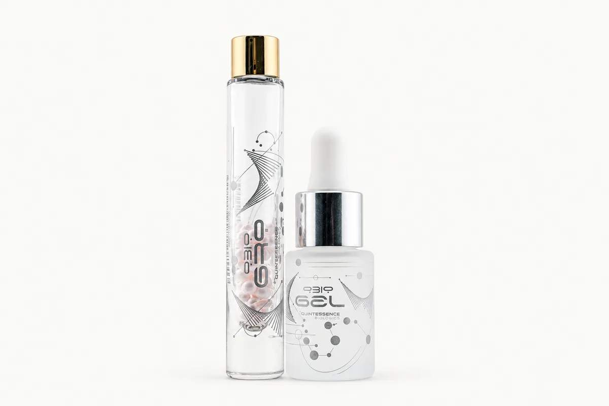 A QBio Gro vial containing beads beside a QBio Gel bottle with a silver collar.